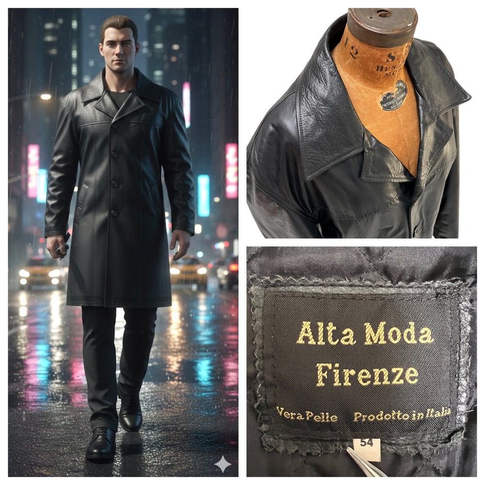 Vtg 90's Alta Moda Firenze Leather Trench Coat Men's XL Black Cyber Matrix Italy